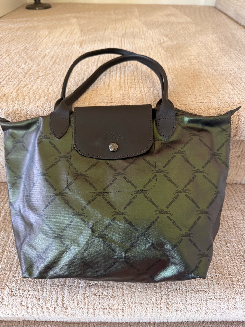 Longchamp Olive Green Logo-Print Tote with Black Trim
